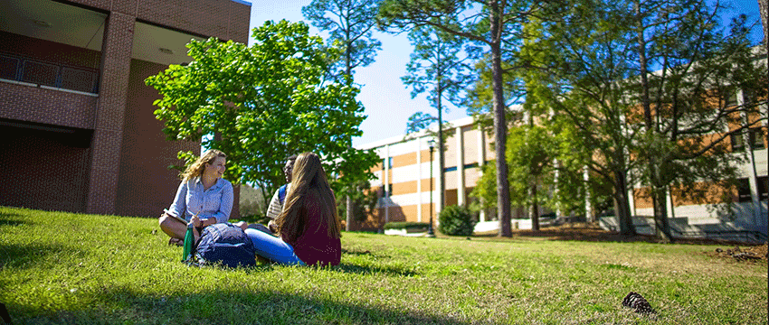 Students sitting out on lawn on campus